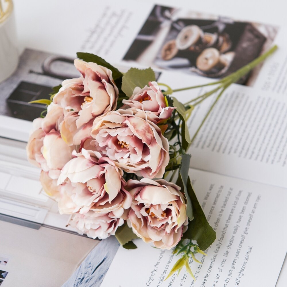 5 Bundles Silk Pink Peony Autumn Wedding Decorative Flowers Christmas Decorations for Home Bridal bouquet DIY Artificial Flowers: Brown