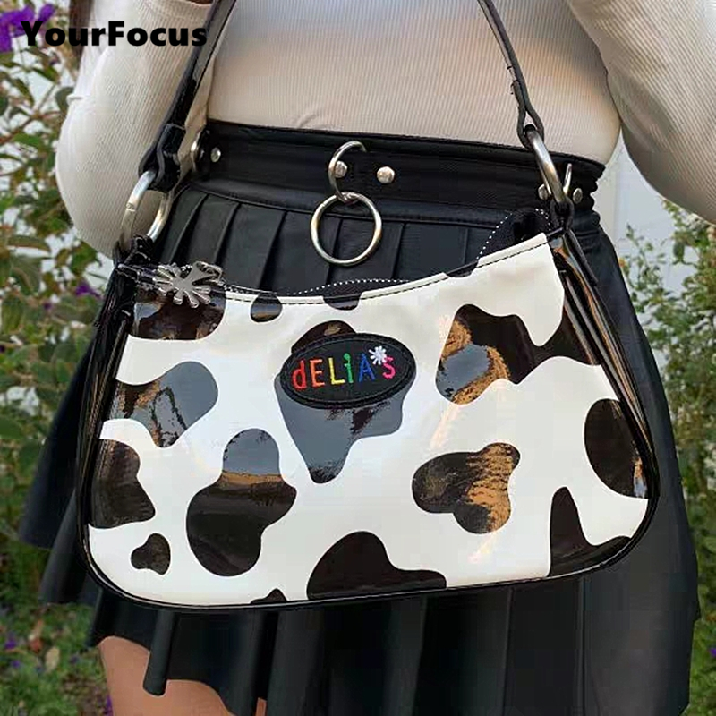 Bolso baguette Vintage de cuero de PU harajuku kawaii lindo estampado de vaca spot bolso mini bolsa axilar bolsa