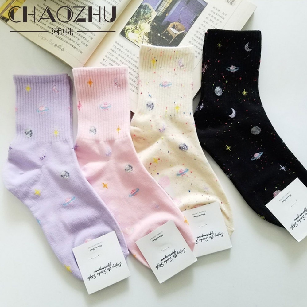 CHAOZHU Korea moda dziewczyny piękny wszechświat pokładzie skarpetki czesana bawełna robienie na drutach kawai kobiety podstawowe calcetines ciorapi skarpetki