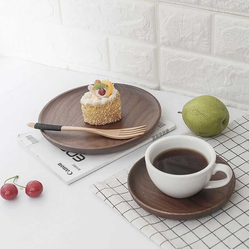 Rectangle Black Walnut Wood Plate candy Fruit Dishes Saucer Dessert Dinner Bread Pizza Food Storage Tray Round Shape Plate