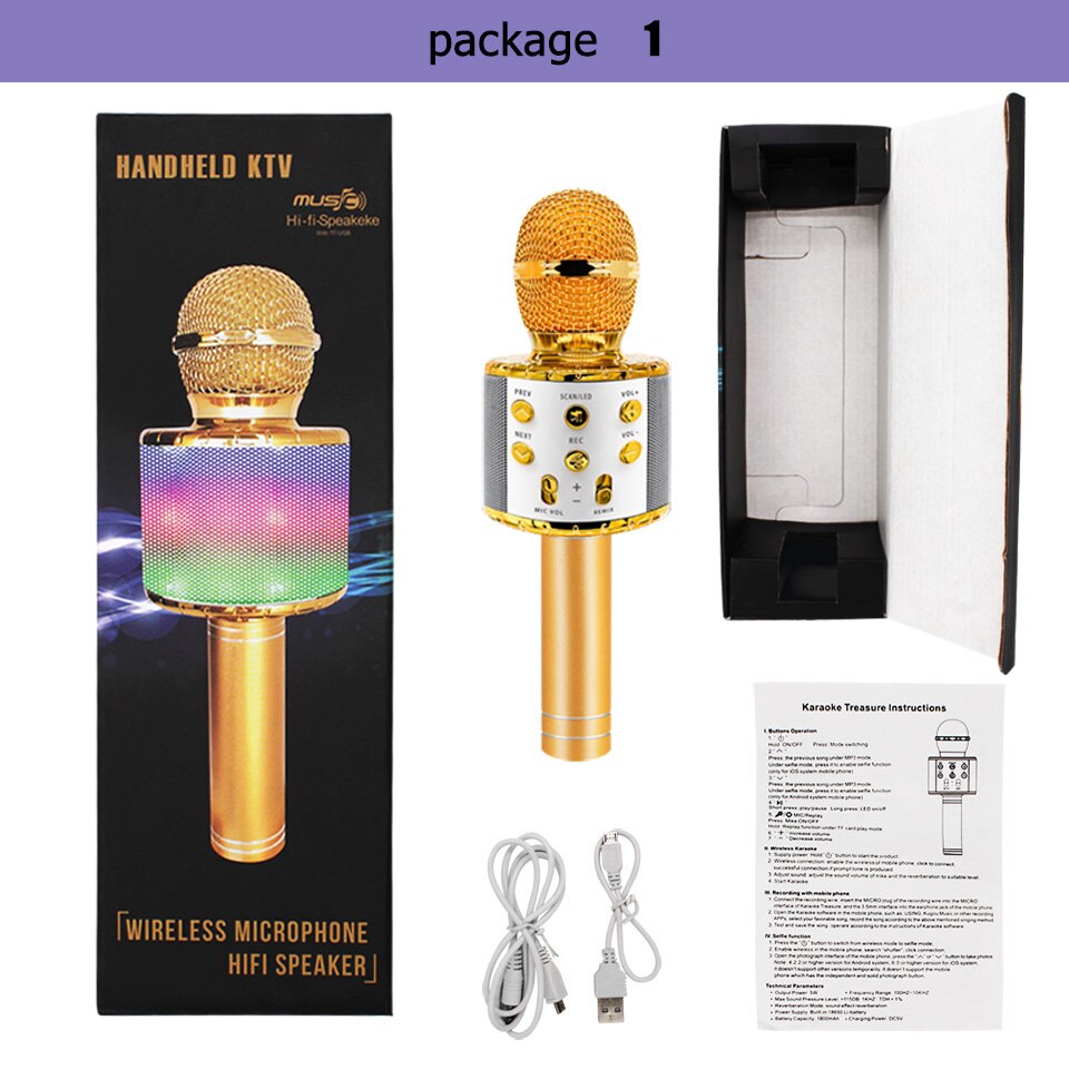 Ws858 L Wireless Karaoke Microphone Bluetooth Speaker Led Light Handheld Sing & Recording Portable KTV For IOS/Android Phone: gold--colorcarton
