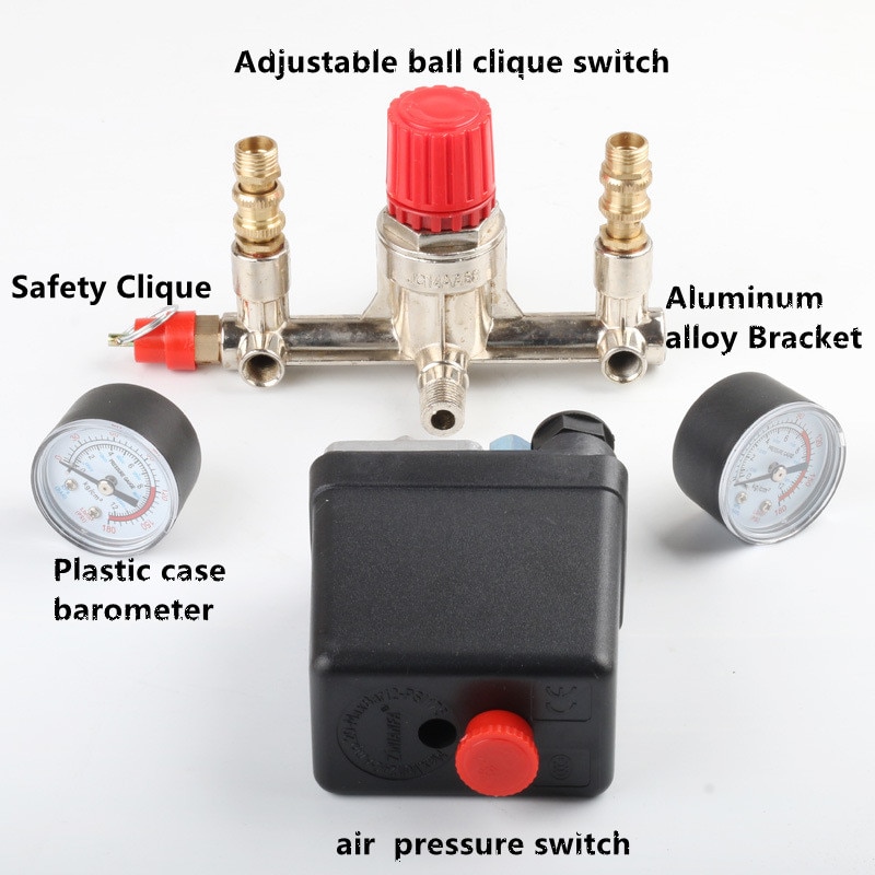 Luftkompressor trykventil switch manifold relief regulator gauges 90-120 psi 230-220v aluminiumslegering beslag