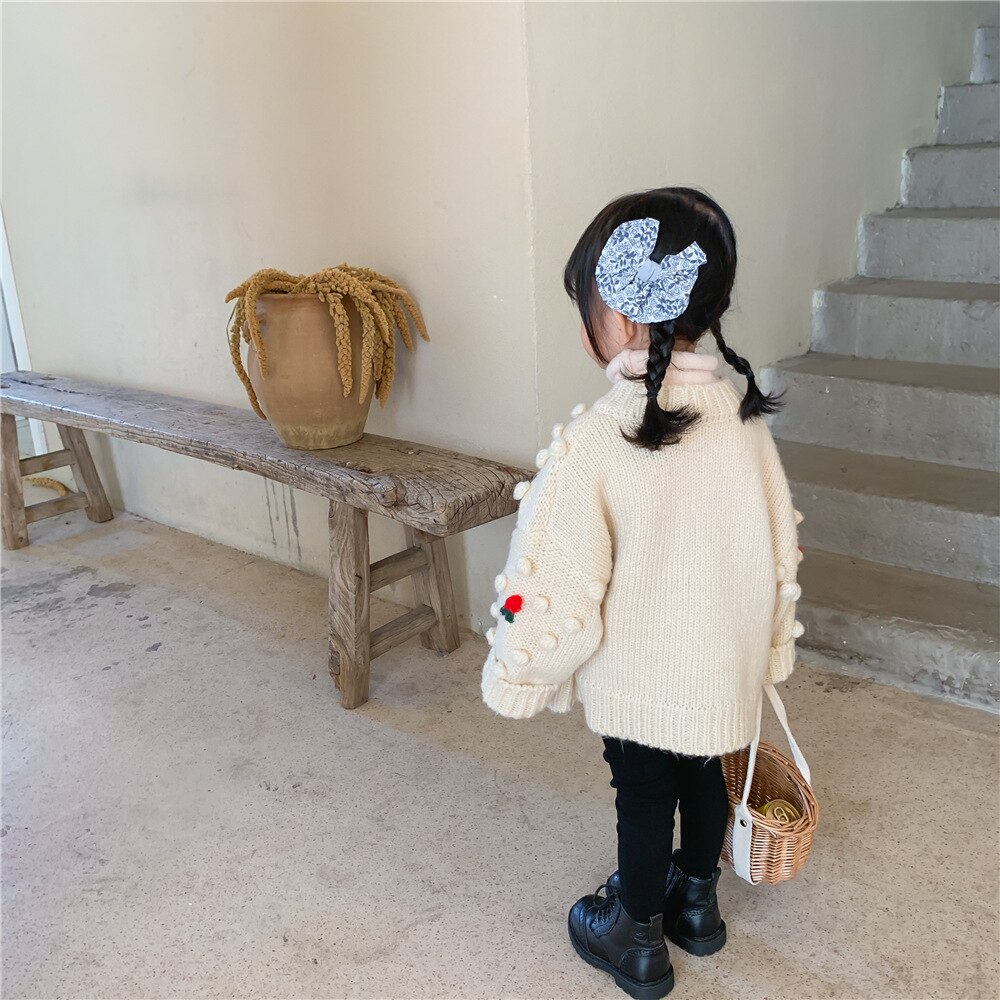 Outono crianças cardigan solto meninas camisola cereja malha criança camisola jaqueta meninas casaco roupas crianças cardigan roupas