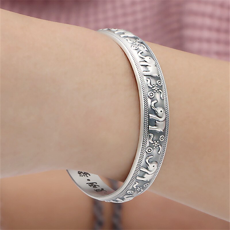 MEYRROYU Silver Color Vintage Distressed Elephant Round Bangle Cute Tai Silver Hand Jewelry Accessories For Women
