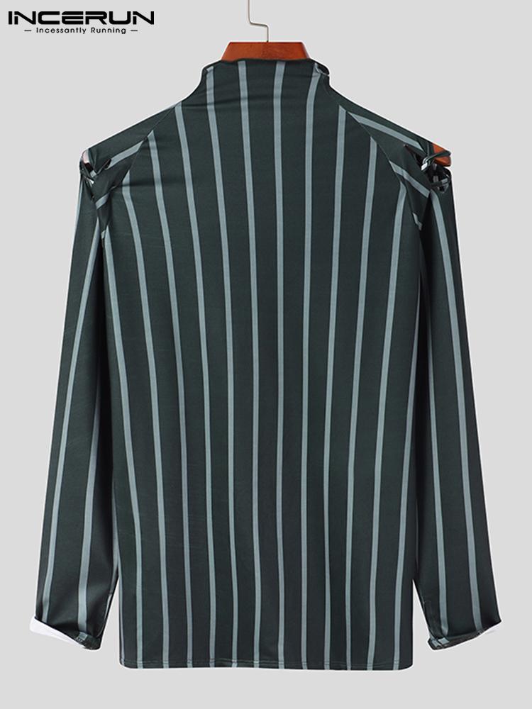 INCERUN Men T Shirts Striped Turtleneck 2022 Long Sleeve Hollow Out Personality Tee Tops Streetwear Casual Camisetas 7