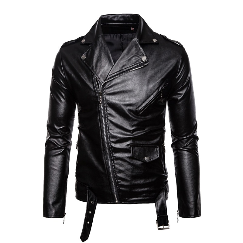 Autumn Men's Leather Jacket Button Zipper Motorcycle Leather Jacket Men Slim Fit Black Punk Jacket Male Faux Leather Coat