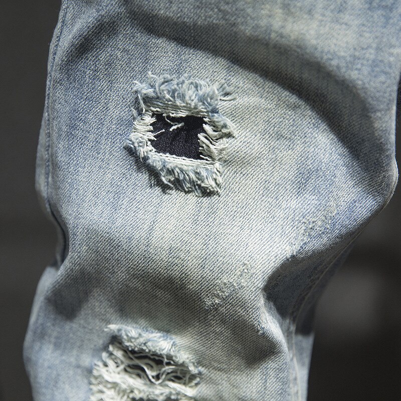 Heren jeans gaten gerafeld hiphop gescheurd lichtblauw stretch slim leg streetwear distressed moto biker jeans mannelijke denim broek ,849