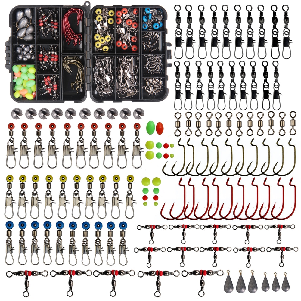 165Pcs Fishing Accessories Kit With Fishing Swivels Hooks Sinker Weights Slides Beans Float Bobbers Carp Fishing Tackle Box