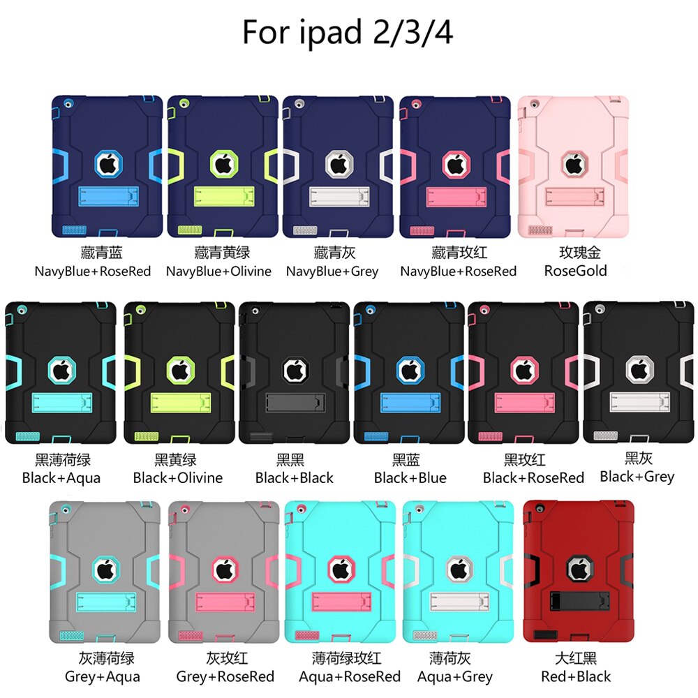 For Apple iPad 2 3 4 A1458 A1459 A1460 A1416 A1397 Case Shockproof Kids Safe PC Silicon Hybrid Stand Full Body Tablet Cover