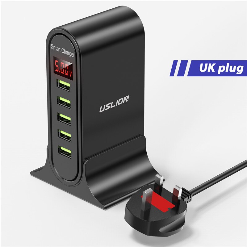 USLION 5 Port USB Ladegerät HUB Multi USB Ladestation Dock Desktop Wand Hause Led-anzeige Universal Neue Ladegeräte EU UNS UK Stecker: UK Black