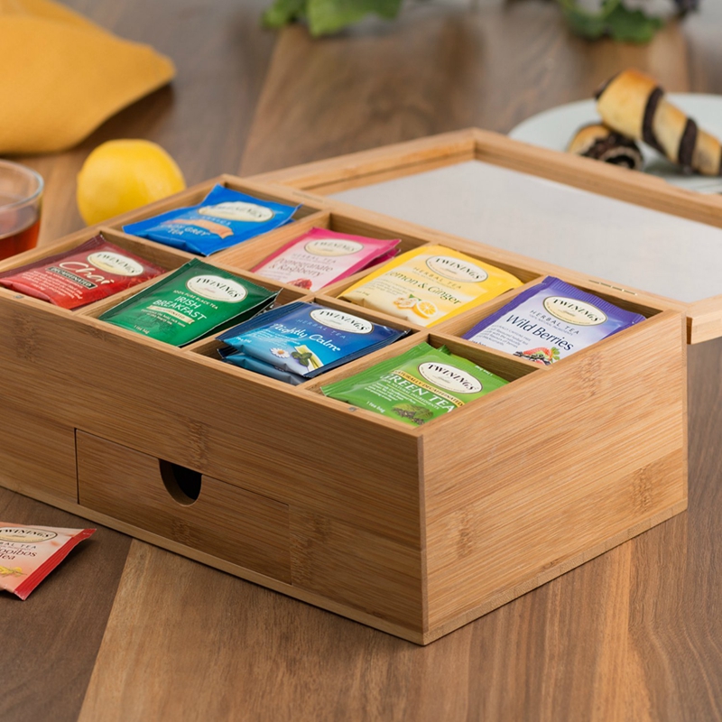 Tea Organizer Bamboo Tea Box with Small Drawer 100% Natural Bamboo Tea Chest - Great Idea
