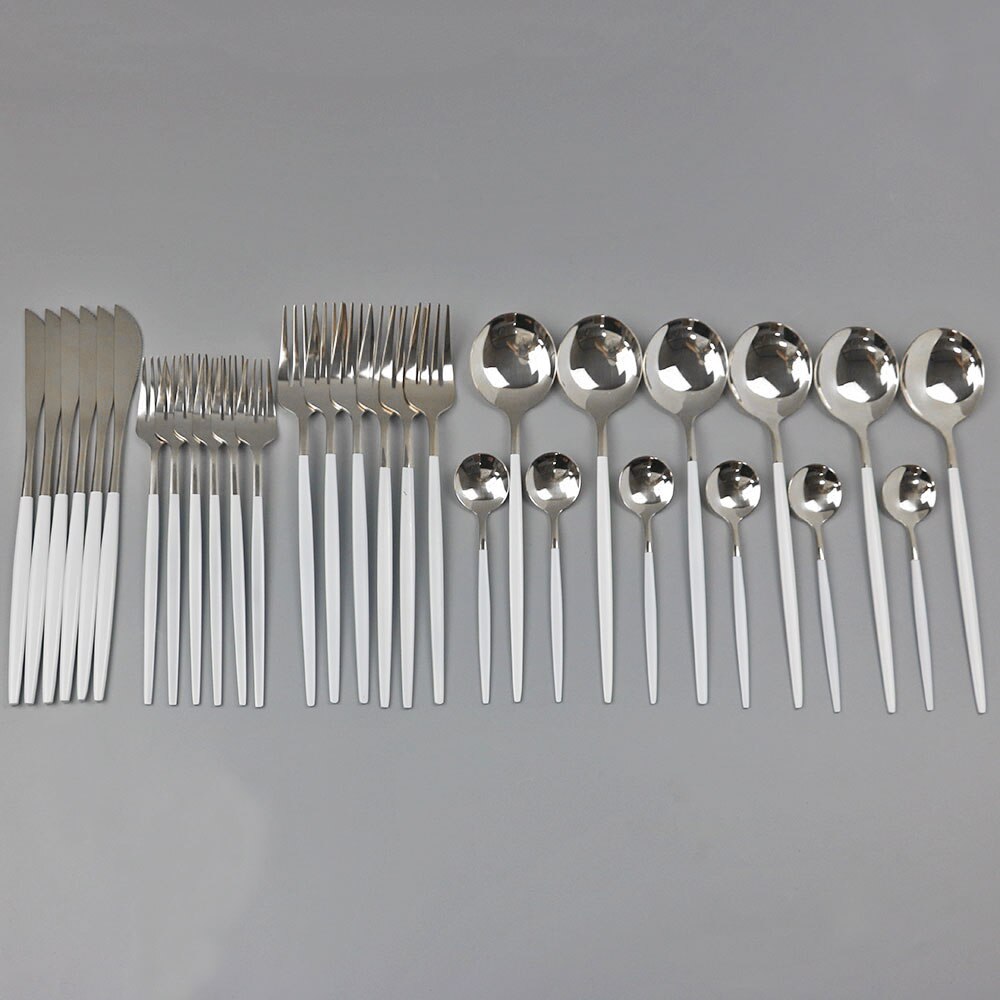 30 st svart guld servis set 18/10 rostfritt stål porslin bestick set enkel middag kniv gaffel sked cutler: Vitt silver
