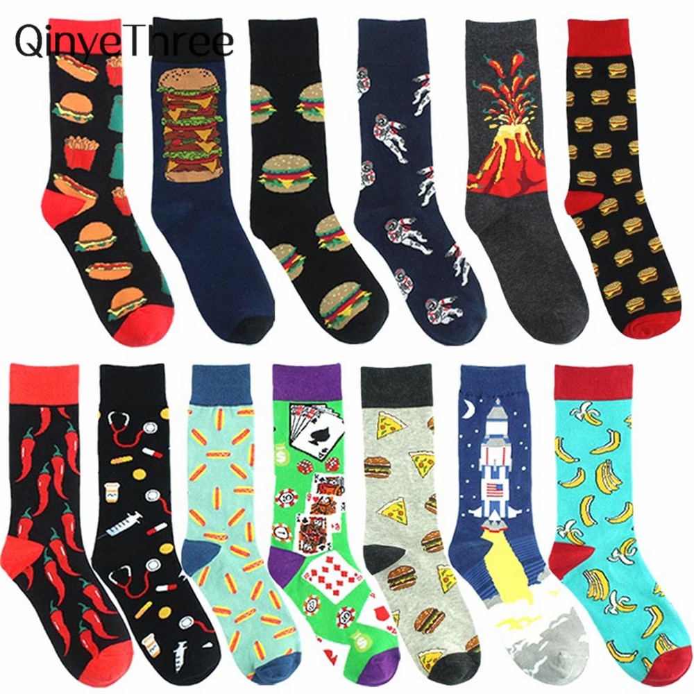 Drôle volcanique Chili Pizza Hamburger frites à motifs hommes heureux coton chaussettes affaires hip hop sport harajuku équipage