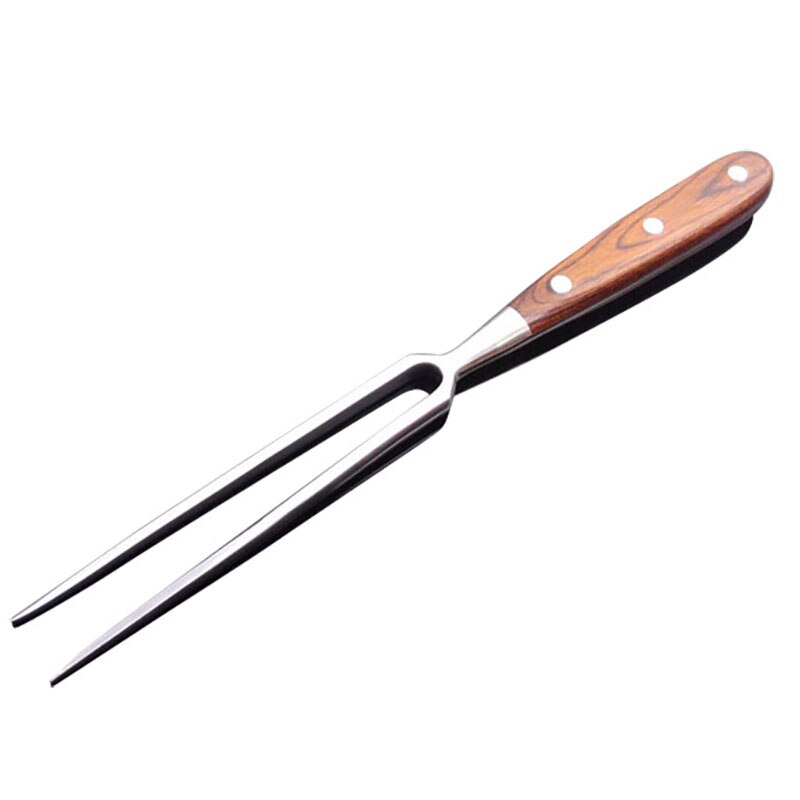 Wooden Handle Barbecue Fork Food Fork Meat Fork Wooden Handle BBQ Fork Stainless Steel Portable Outdoor Barbecue Tool