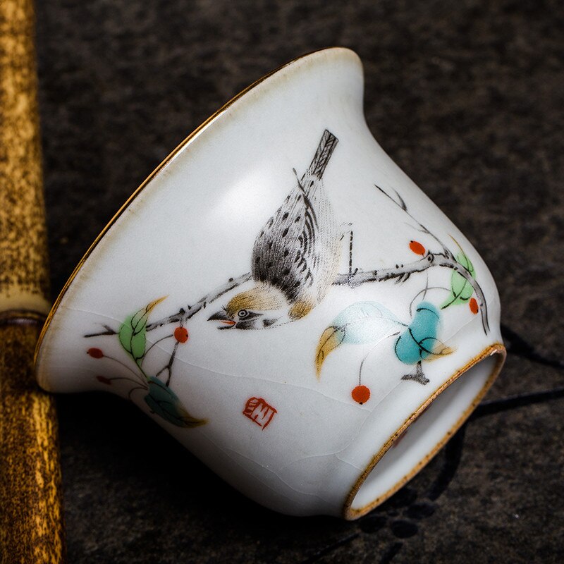 Gardon Bird Gaiwan Antique Kiln Tea Tureen Hand-painted Bird Pattern Tea Cup With Lid Ceramic Enamel Tea Ceremony Accessories