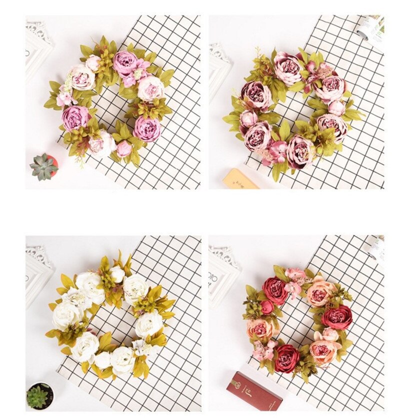 Artificial Flower Wreath Peony Wreath Spring Round Wreath for The Front Door Party Wedding Home Decor Pink Flower Garland Ring