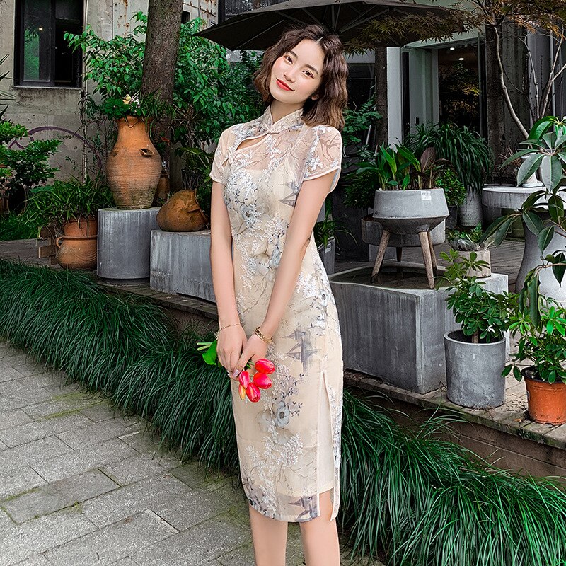 FZSLCYIYI Ladies Satin Silk Qipao Dress Lace Embroidery Traditional Clothing Chinese Knee-length Qipao Dresses