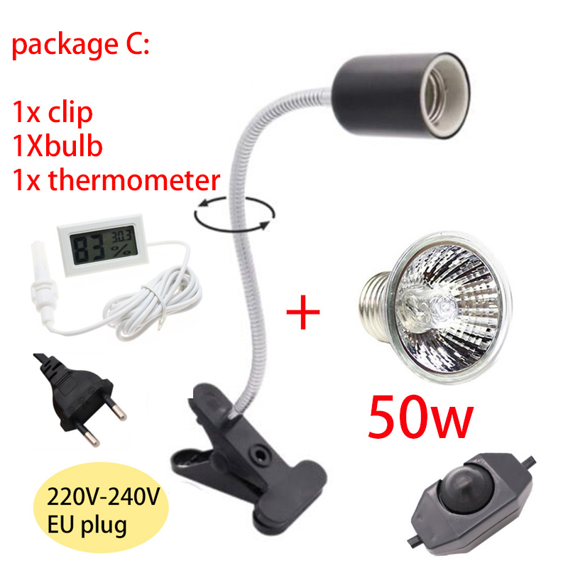 UVAUVB Reptile lamp bulb Set with Clip Turtle Bulb Lamp Holder kit Thermometer Hygrometer Tortoises Basking Heating Lamp Kit: package C 50W