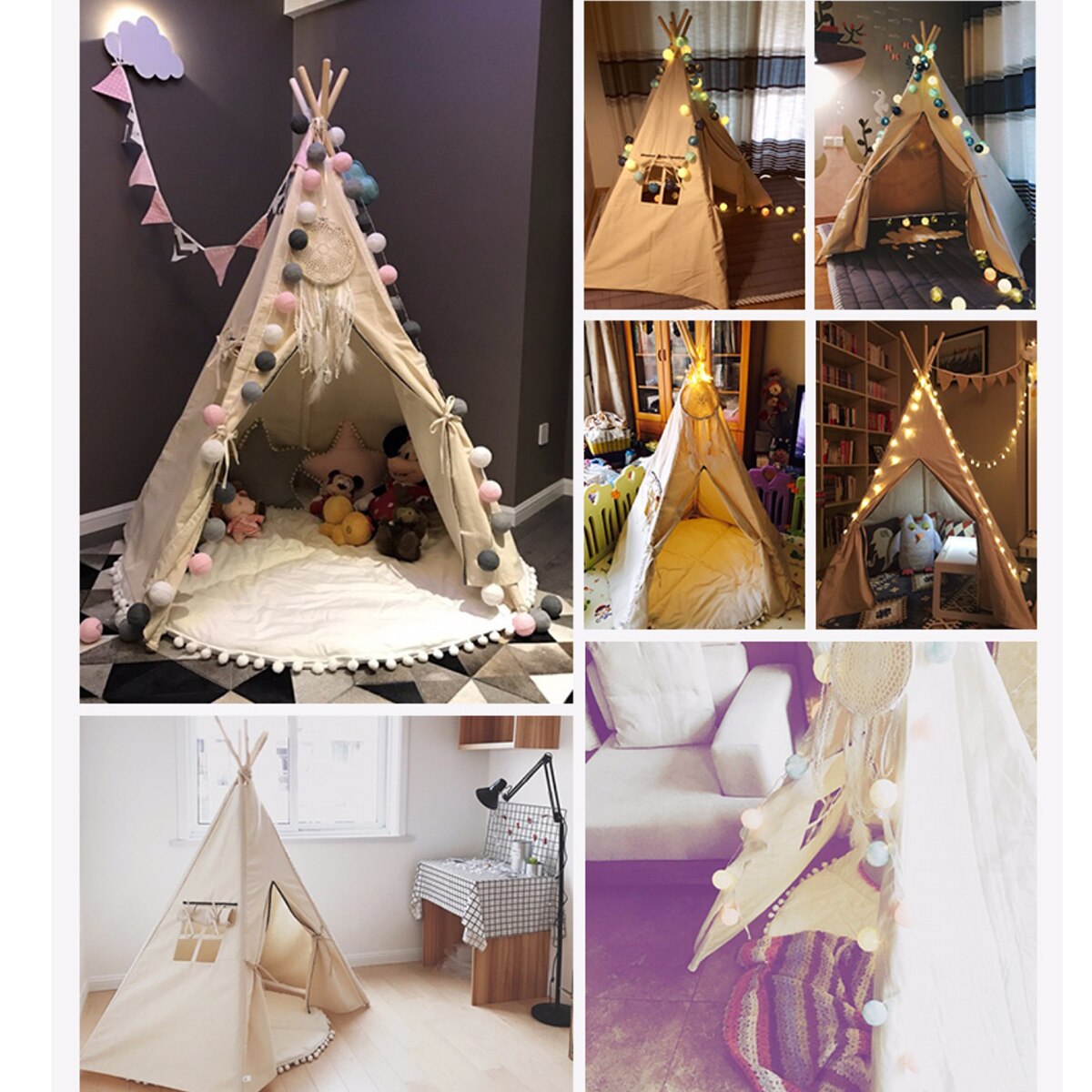 Teepee Tent for Kids Foldable Children Play Tent for Girl and Boy 4 Poles White Playhouse Baby Toy for Indoor and Outdoor Games