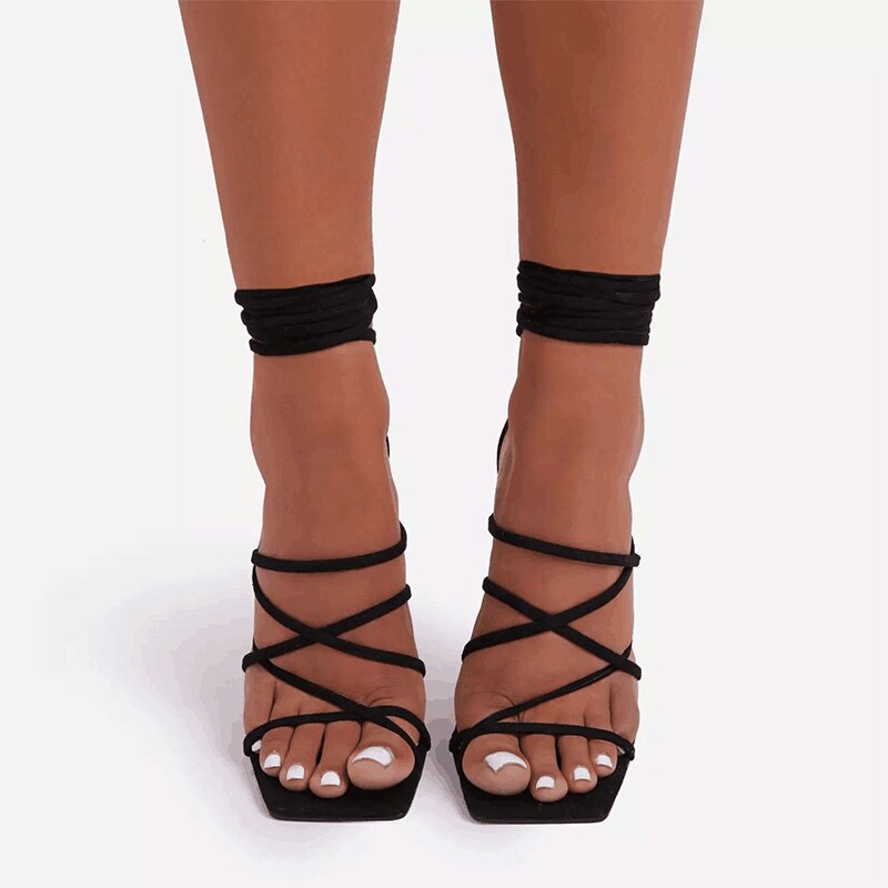 femmes gladiateur Sexy été coupe talons sandales dames bride à la cheville croix liée fête chaussures femme décontracté carré orteil chaussures