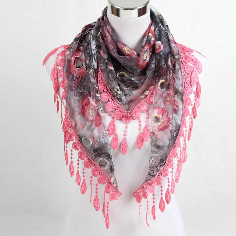 Women Triangle Scarf Lace Floral Summer Beach Tassel Scarves Chiffon Silk Wrap Pashmina Stole Foulard Hijab SJJ02
