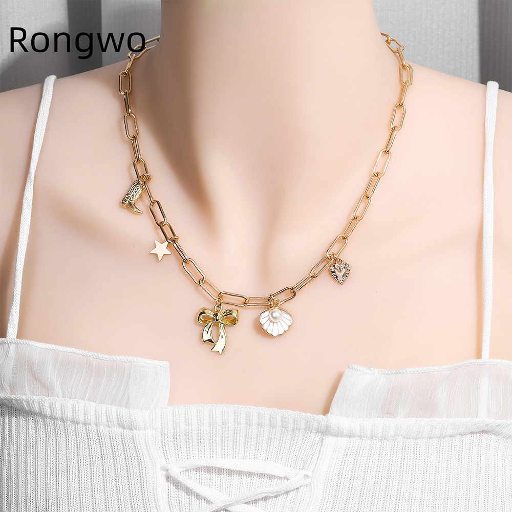 Exquisitos dijes, collar con colgante de perlas para mujer, gargantilla con dije de lazo de Color dorado de acero inoxidable, concha de concha, de joyería de