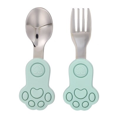 2Pcs Baby Spoon Fork Set Silicone Feeding Spoon Kids Cutlery Short Handle Children Tableware Training Stainless Steel Fork Spoon: Green