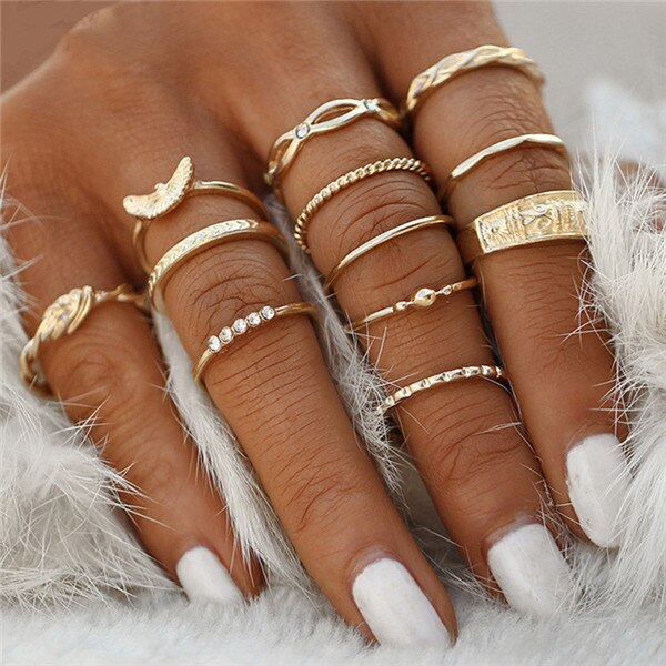 LETAPI Vintage Crystal Flower Ringen Voor Vrouwen Retro Geometrische Goud Kleur Knuckle Ring Set Statement Sieraden: 15478