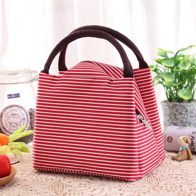 Neueste Lunch Bag Isolierte Kalten Leinwand Streifen Picknick Tragen Fall Thermische Tragbaren Mittagessen Box Frauen Kinder Männer Lunch Box Tasche tote: red stripe