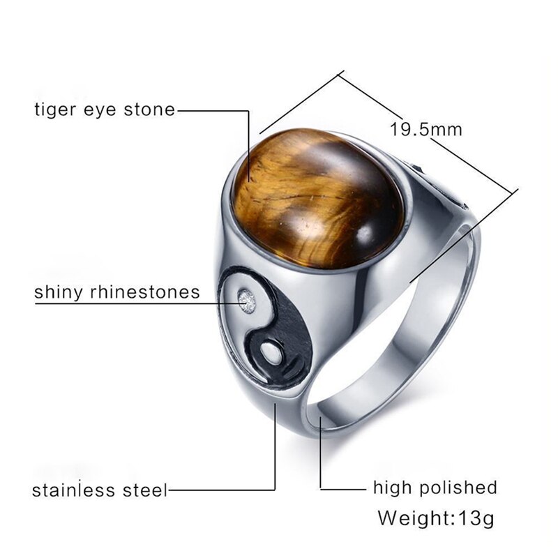 Somen Vintage Mannen Punk Ringen Tijgeroog Bruin Stenen Met Yin Yang Symbool Ring In Roestvrij Stalen Sieraden Heren Accessoires anels