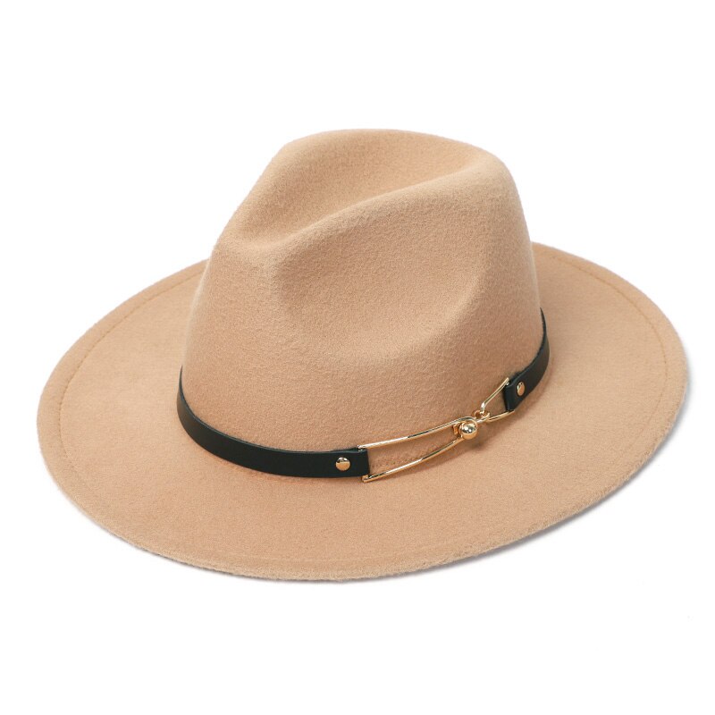 Menn kvinner bredkant ullfilt fedora panama hatt med belte spenne jazz trilby lokk fest formell topp lue: kaki