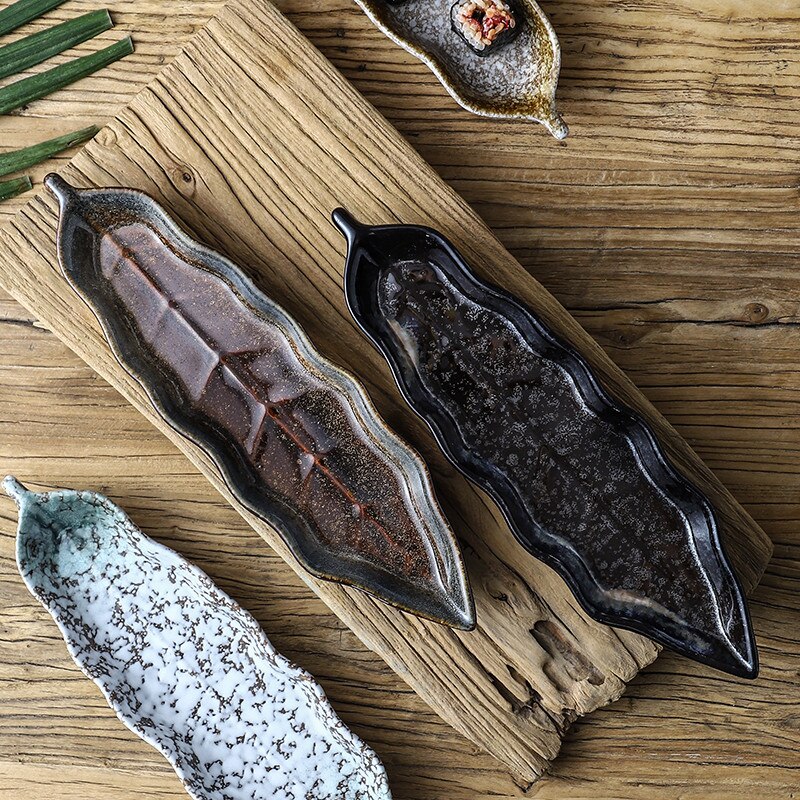 Japanese Style Ceramic Leaf Shape Sushi Plate Rectangular Fruit Dish Porcelain Snack Dessert Plate Retro Tableware