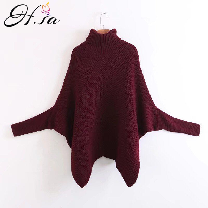 H.SA Women Autumn WinterTurtleneck Sweaters Batwing Sleeve Oversized Sweater Poncho Pullover and Sweater Jumpers Irregular Pull