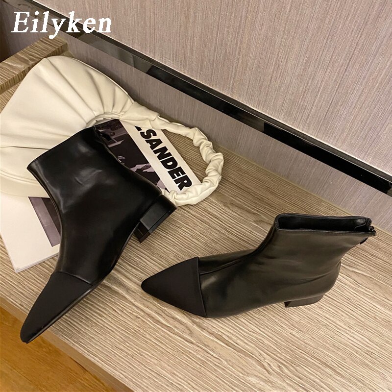Eilyken kvinnor låg hög klack chelsea boot ankelstövlar med spetsig tå dragkedja fasta platåskor kvinnlig stövel: Svart / 35