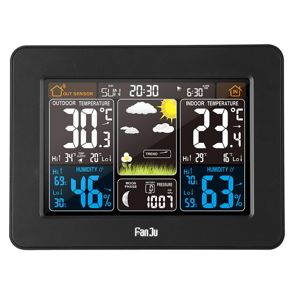 FanJu FJ3365 Digital Weather Station Alarm Clock Electronic Barometer Thermometer Hygrometer with Wireless Outdoor Sensor: black