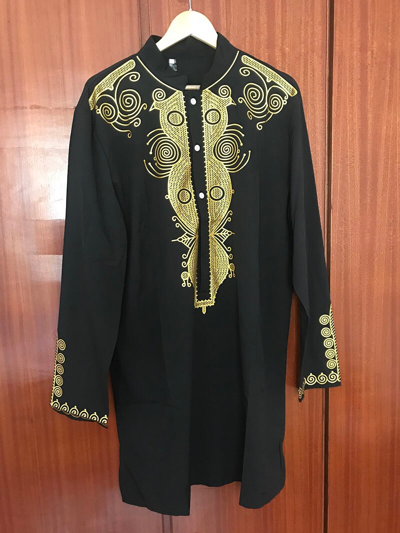 Herre afrikansk sort gyldent dashiki print med lange ærmer knap skjorte høj krave tribal folk slids tunika toppe til voksen plus størrelse