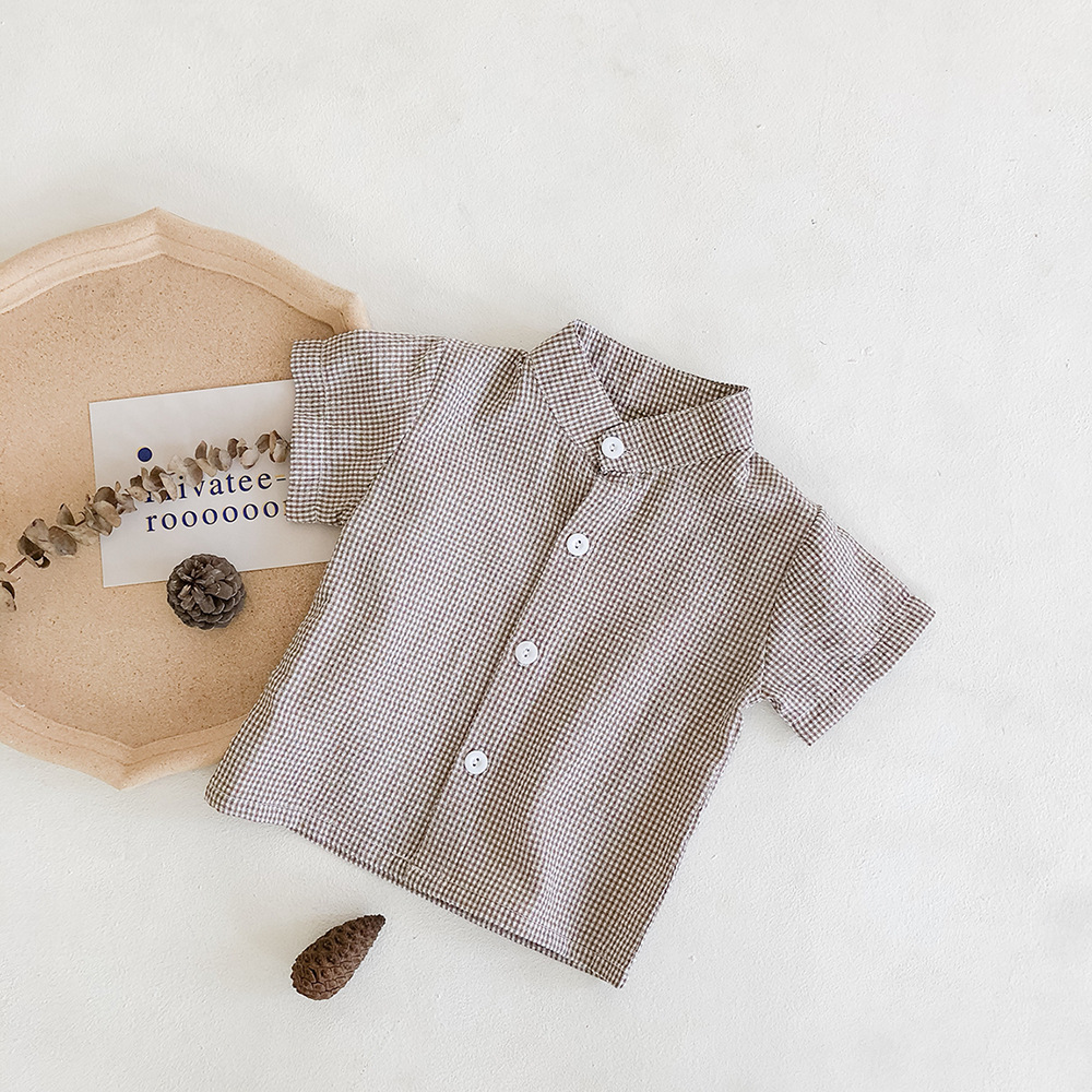 2022 roupas de bebê verão ins algodão pop xadrez estilingue + chapéu de sol + camisa de manga curta bebê menino terno de três peças separadas encomendas: Gray Shirt / 12-18M