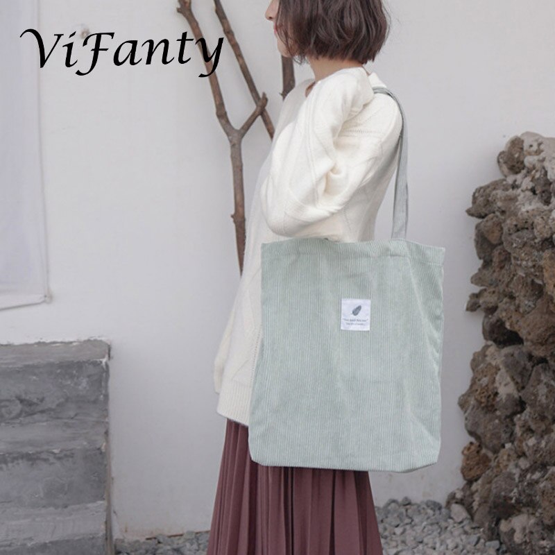 Meisjes Vrouwen Corduroy Boodschappentas Canvas Doek Schoudertas Milieu Opslag Handtas Herbruikbare Eco Grocery Totes Tas