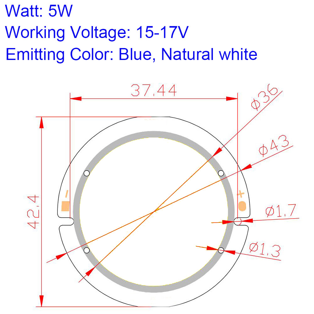 5Pcs 43Mm Diameter Ronde Led Cob Chip 5W Natuurlijke Wit Blauw Kleur Lichtbron Voor Downlight diy Led Lampen Dc 15V