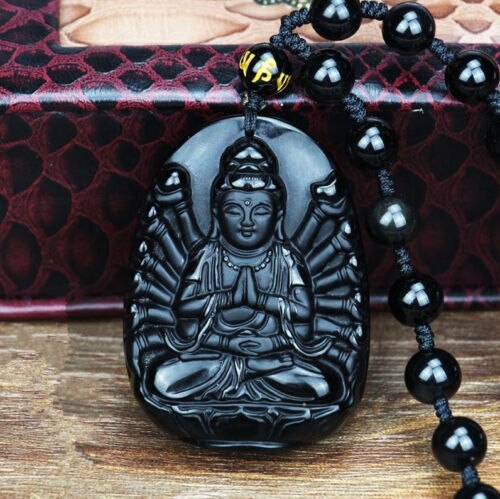 Natuurlijke Obsidiaan Avalokitesvara Guanyin Boeddha Boeddha Guanyin Kralen Hanger