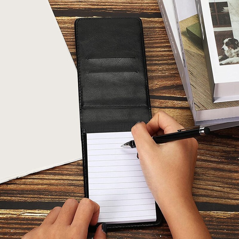 2 Pcs Black Mini Pocket Notepad Pu Business Notebook Notepad Multi-Function Notebook with Pen with 50 Lined Sheets