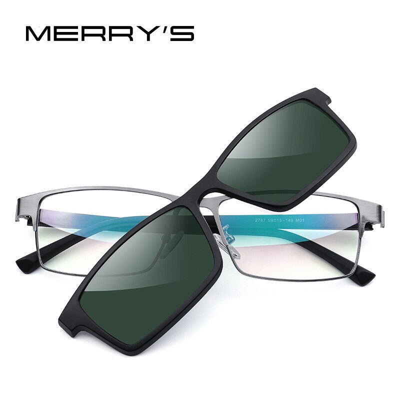MERRYS, 2 en 1, montura de gafas con imán polarizado con Clip para hombres, montura de gafas graduadas para miopía óptica TR90 S2728: C03 Silver Green