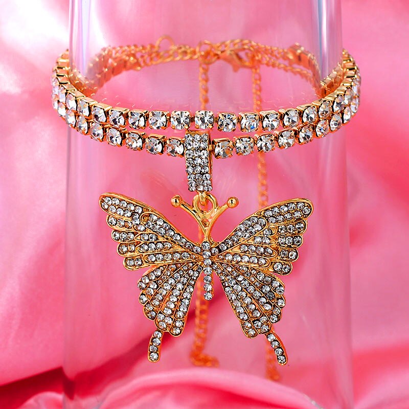 Caraquet Bling Crystal Tennis Chain Big Butterfly Anklet for Women Butterfly Charm Anklet Foot Chain Rhinestone Jewelry