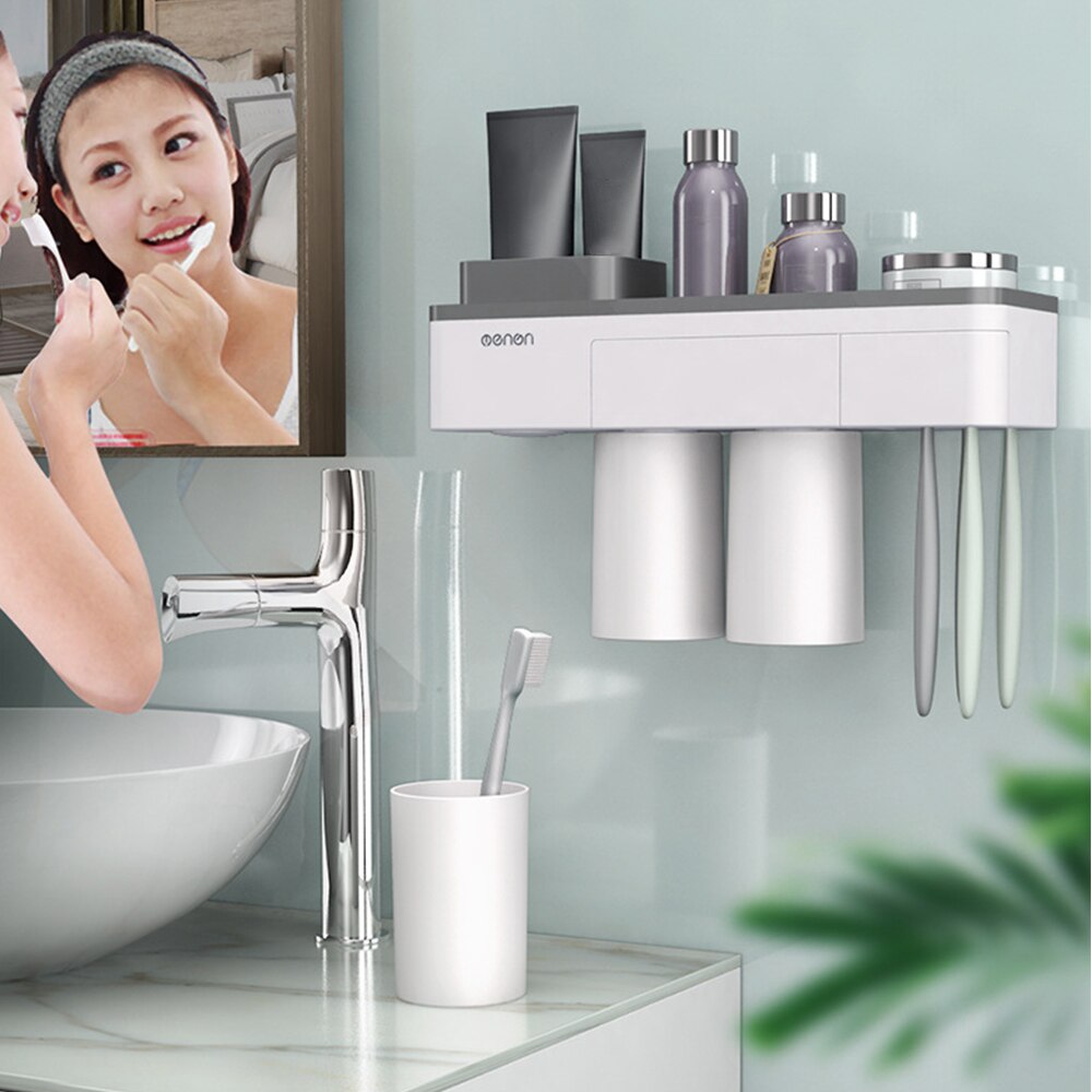 Mengn Toothbrush Rack Wall Mounted Toothbrush Holder Cup Organizer Toothpaste Dispenser Washroom Bathroom Storage Rack Shelf