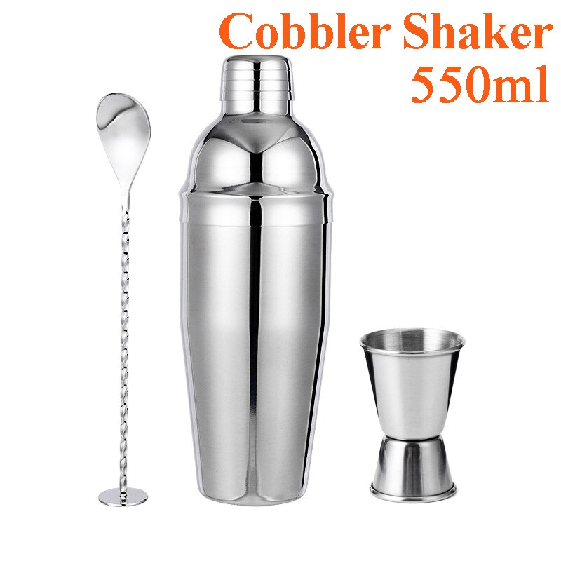 Juego de coctelera de acero inoxidable, mezclador de camarero, Zapatero, coctelera Boston, bar, herramientas, Jigger, mezclador, cuchara vertedora: 3pcs Cobbler 550ml