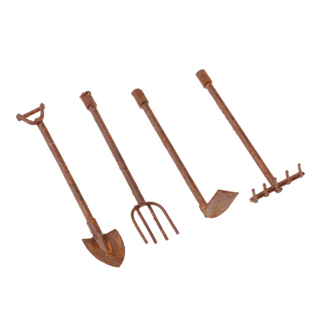 Poppenhuis Miniatuur Oude Metalen Schoppen Schoffel & Pitchfork Set Tuin Decor