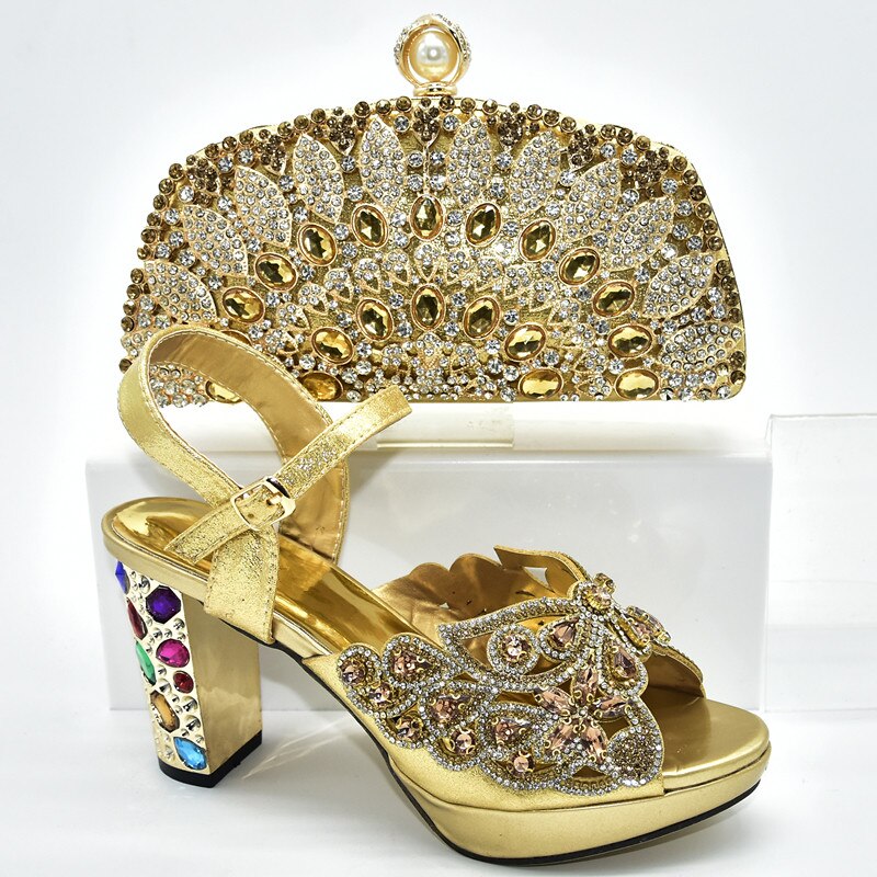 Ladies Italian Shoes and Bag Set Decorated with Rhinestone Women Shoes High Heel Italian Shoes and Bags Matching Set: Gold / 9.5