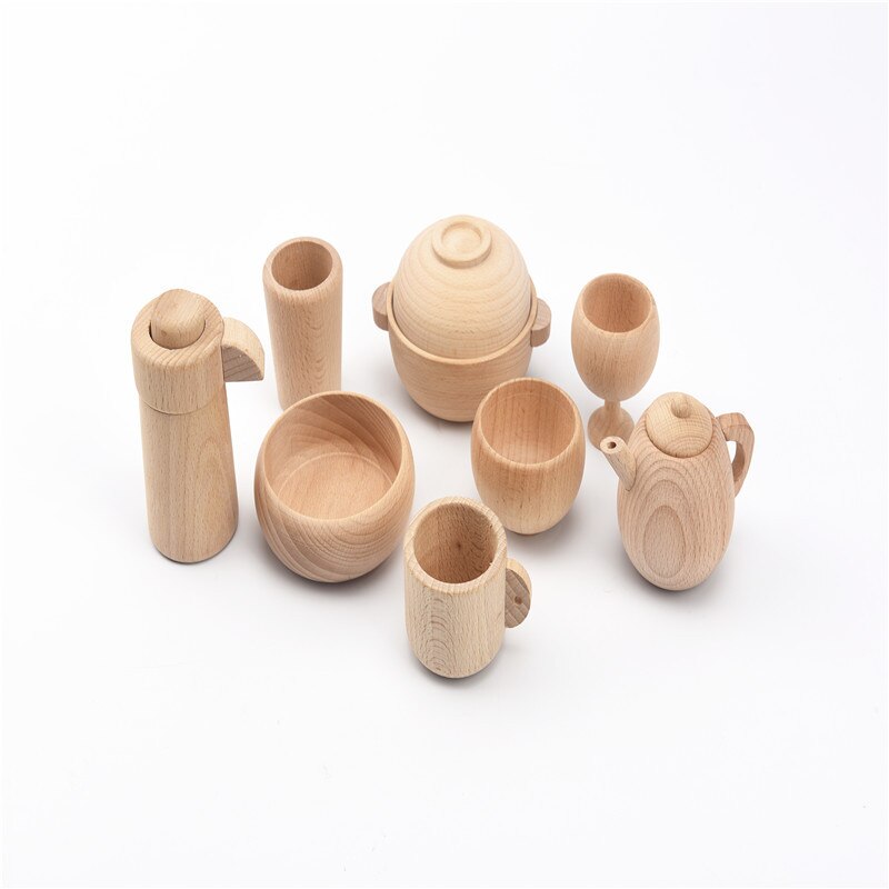 1-6 Years Old Wooden Unpainted Play House Kitchen Cooking Toy Teapot Teacup Red Wine Glass