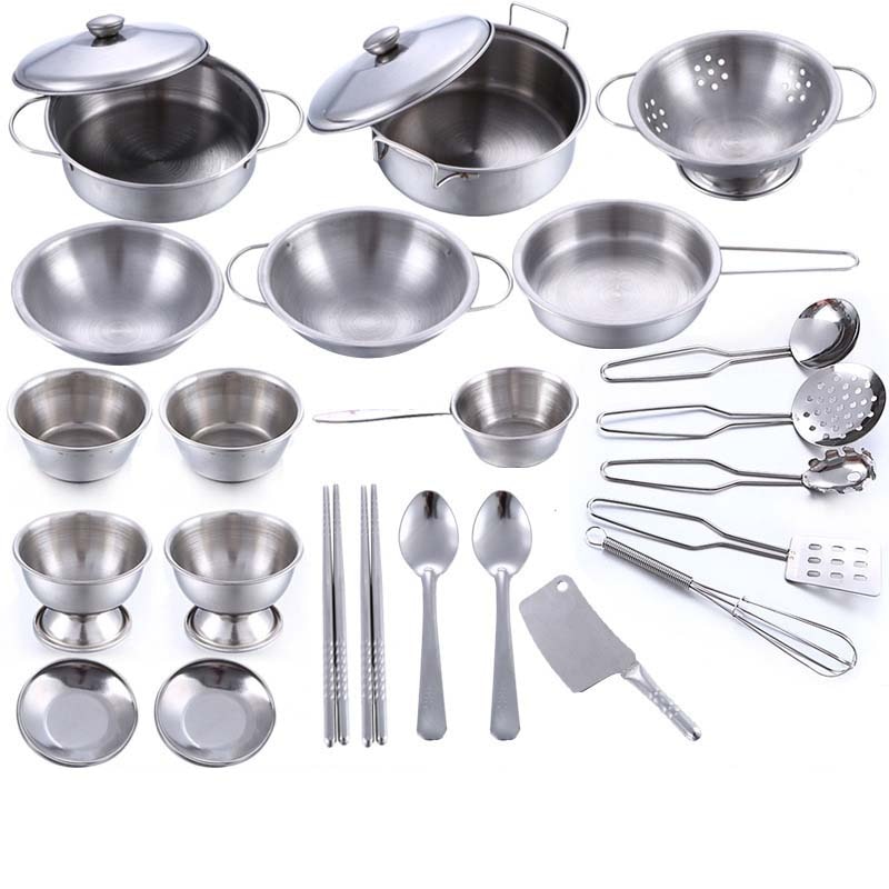 25 Stck vorgeben abspielen Küche Spielzeug Kochen Werkzeug Edelstahl Küche einstellen Küche Zubehör Spielzeug für freundlicher Mädchen Jungen Spielen haus