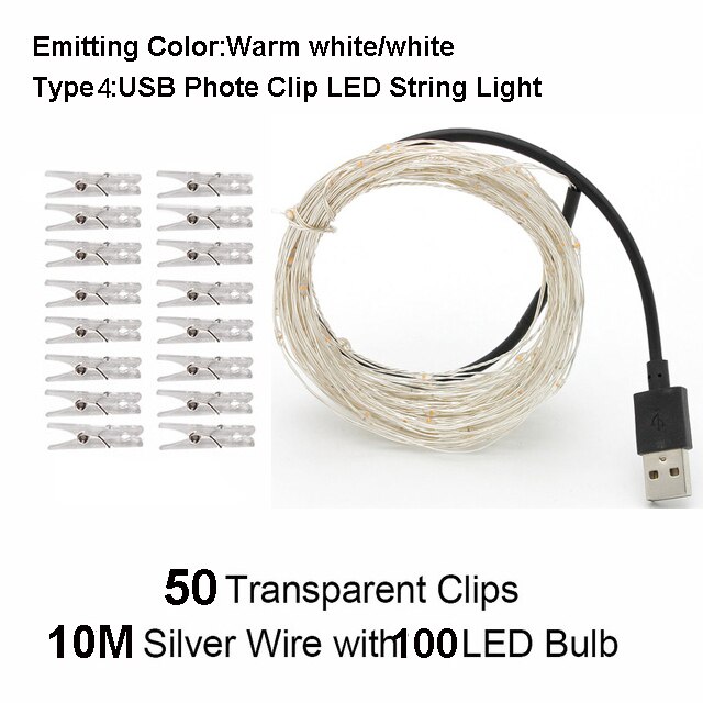 5M/10M Foto Clip Usb Led Christmas Fairy Light Outdoor Battery Operated Led String Wedding Guirlande jaar Deco: 10M 100 led / warm white